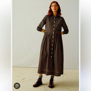 Toast UK chalkboard shirtwaist cotton dress Black and camel plaid US 10/12 midi